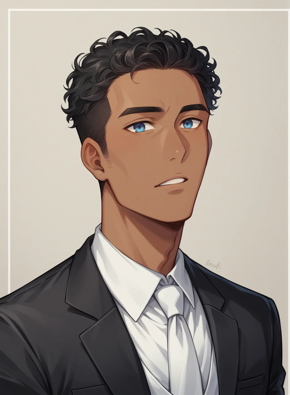 (( straight face picture )) ((best quality)), (Masterpiece)), (details), ( Beautiful colors ) ( ornamentation ) ( see the whole body ) young man , Tanned skin , black hair ,blue eyes ,Shoulder-length hair ,Slightly curly hair , open forehead , wearing a black suit ,white tie , Wear a white doctor's coat , , Have a rosary in hand