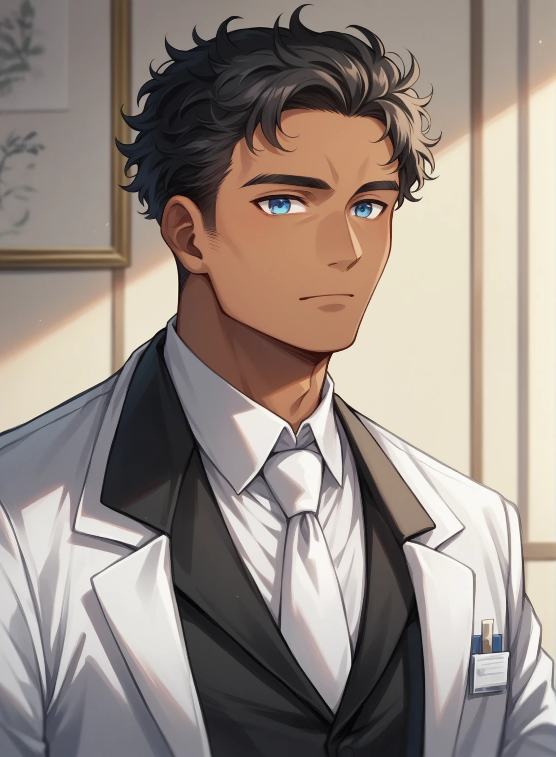 (( straight face picture )) ((best quality)), (Masterpiece)), (details), ( Beautiful colors ) ( ornamentation ) ( see the whole body ) young man , Tanned skin , black hair ,blue eyes ,Shoulder-length hair ,Slightly curly hair , open forehead , wearing a black suit ,white tie , Wear a white doctor's coat , , Have a rosary in hand