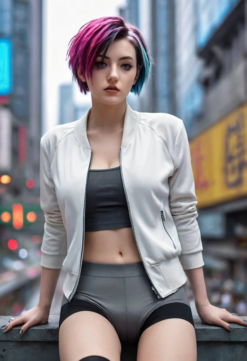 (Extremely detailed CG unity 8k wallpaper), (Extremely detailed), masterpiece, best quality, Lucy (Cyberpunk), Tights, Solitary, breast, Cyberpunk city, Colorful hair, short hair, Looking at the audience, medium breast, black Tights, Gray eyes, - Hip vents, Garment cutting, Thigh gap, Cover the navel, White jacket, Bare shoulders, shorts, bench,