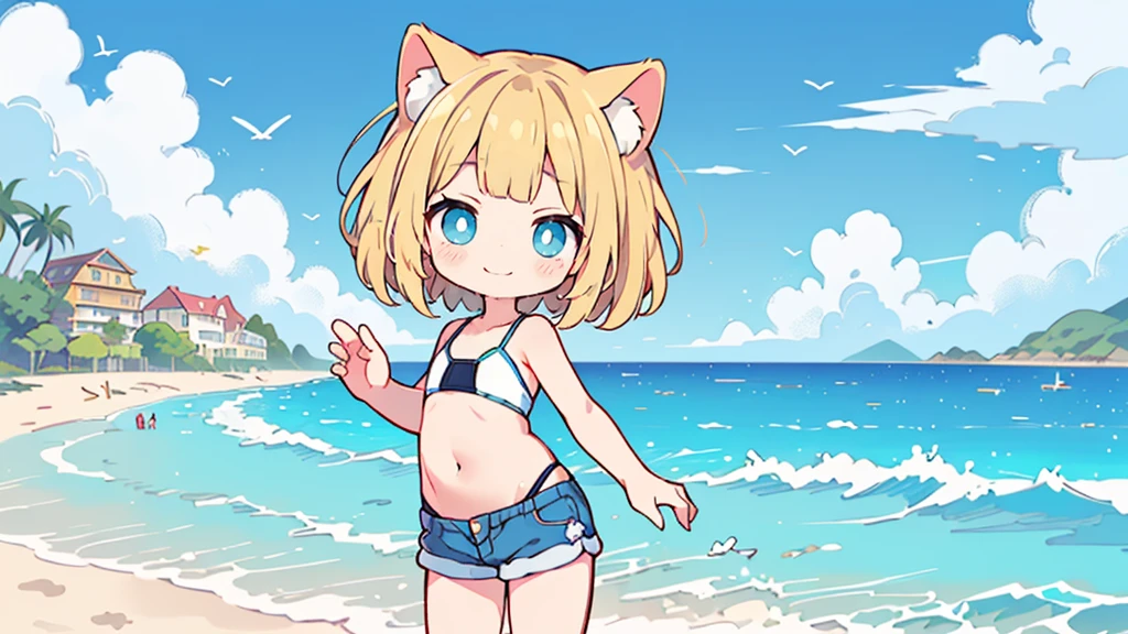 Chibi Character、smile,ピンク色のSwimwearの上半身、Denim shorts、Turquoise Eyes、Cat ear、Absurd, Ultra-detailed,Bright colors,(solo),(From the side:1.2),(View your viewers:1.5) (Short blonde hair:1.2),Shiny Hair,(ピンクのSwimwear:1.5),Denim shorts,Delicate and beautiful face, blush、(Deep blue eyes:1.4), White skin, (物憂げなsmile:1.3),Beautiful Clouds,(Standing on the beach, looking to the side with a sad expression:1.3),look at the sea and sunset,At sunset,Waves crashing on the beach,sunlight,Light on the face、Cat ear、Belly button、Turquoise Eyes、Swimwear