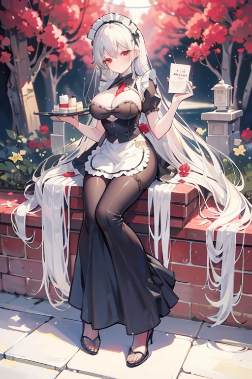 Silver hair, very long hair, red eyes, voluptuous breasts, blush, shy expression, shady body, volunteer maid, classic maid uniform, garden, full body