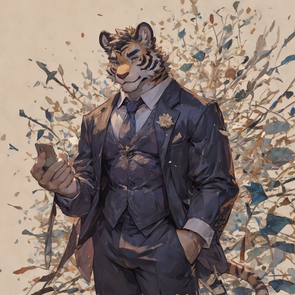 {{bara extremely handsome white tiger,}} {{white fur,}} white, wearing elegant ornate suit jacket, trousers, white dress shirt and necktie, white fluffy furry body and limbs, loafers, very tall, very broad shoulders, narrow waist, muscular arms, massive pecs, purple eyes, very long legs, massive bulge, sophisticated hot look, 3/4 view, best quality, high detail, CG image, character splash art, silver earring on left ear, sultry smirk