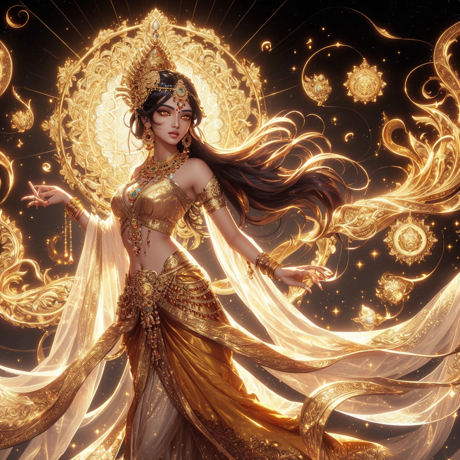 Indian goddess woman, super model, orange eyes, ornate gold jewelry. ,  god god , ,realistically ,Fine golden background. 3-D anime.