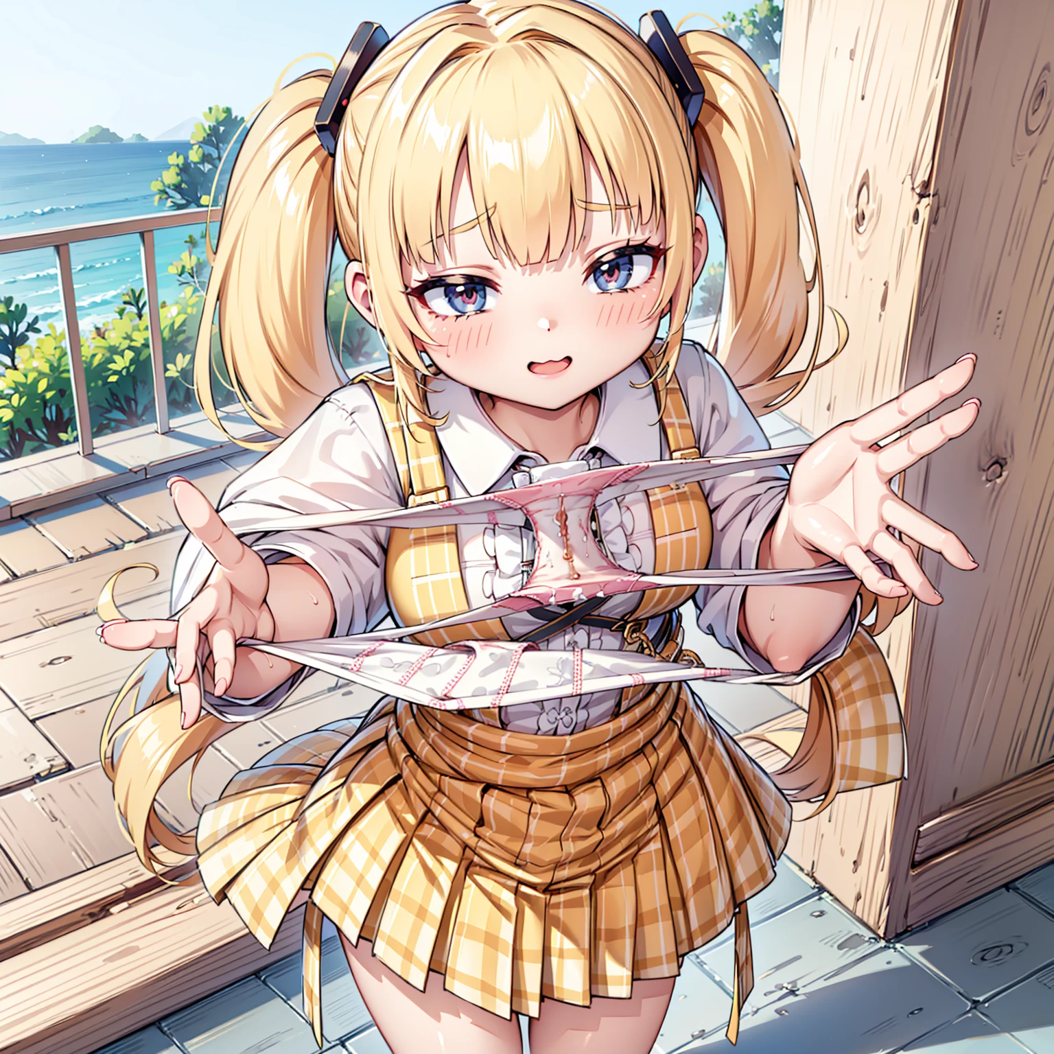 blonde, {{{Half Twin Tail:1.3}}}、shirt, blush, white shirt, hair ornaments, Manicure, Plaid skirt, Pleated skirt,
,Pay attention to the panties,
Looking down,View your audience,Panties as a gift,Tabletop, Highest quality, Perfect Skin, Detailed skin texture, Super detailed, 8K, Intricate details, Beautifully detailed face,High resolution,
 Looking down at the viewer, masterpiece, (Panties are stained with pee)、(Pussy、Love Juice)、(body odor),perfect hands