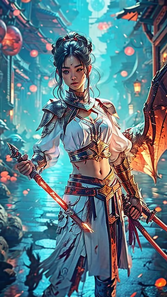A woman with a spear and dragon wings on her back floats over the city, Detailed depiction of pretty faces, purple long hair,The black and blood red short armor has intricately carved decorations.,, 8K, HDR, full-body shot,Surreal work, Detailed works, Blood red armor, Gorgeous armor with black and blood red designs,navel , hyper-realistic, Super detailed photos, realism style,
