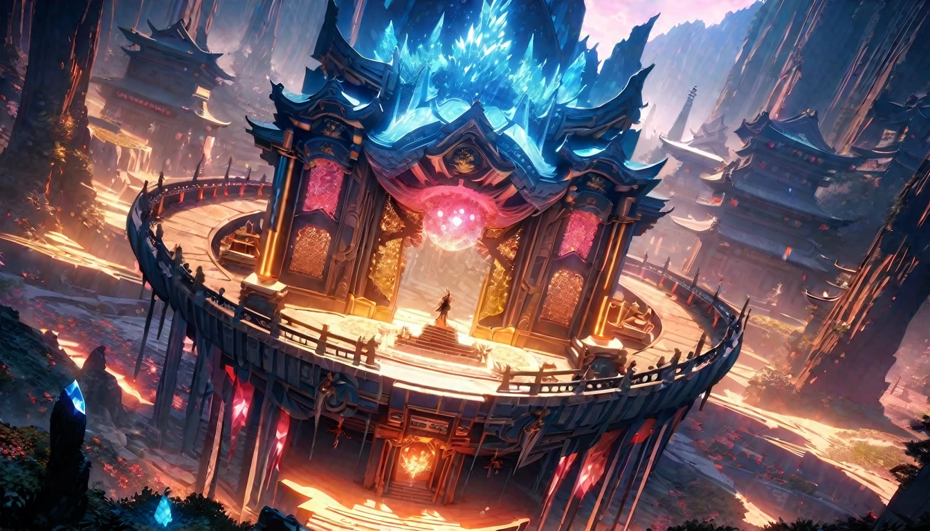 anime aestetics, anime scenery, huge cave, huge crystalic throne in the center, glorious shrine, cave covered with different kinds of krystals, saphires, amethists, rubies, dim light, shiny crustals, mystic atmosphere, beautiful shine, a lot of colours, dnd, heroic fantasy, from above, wide shot, perspective, atmospheric perspective, 4K, 8k, highres, best quality, super detail, award winning, masterpiece