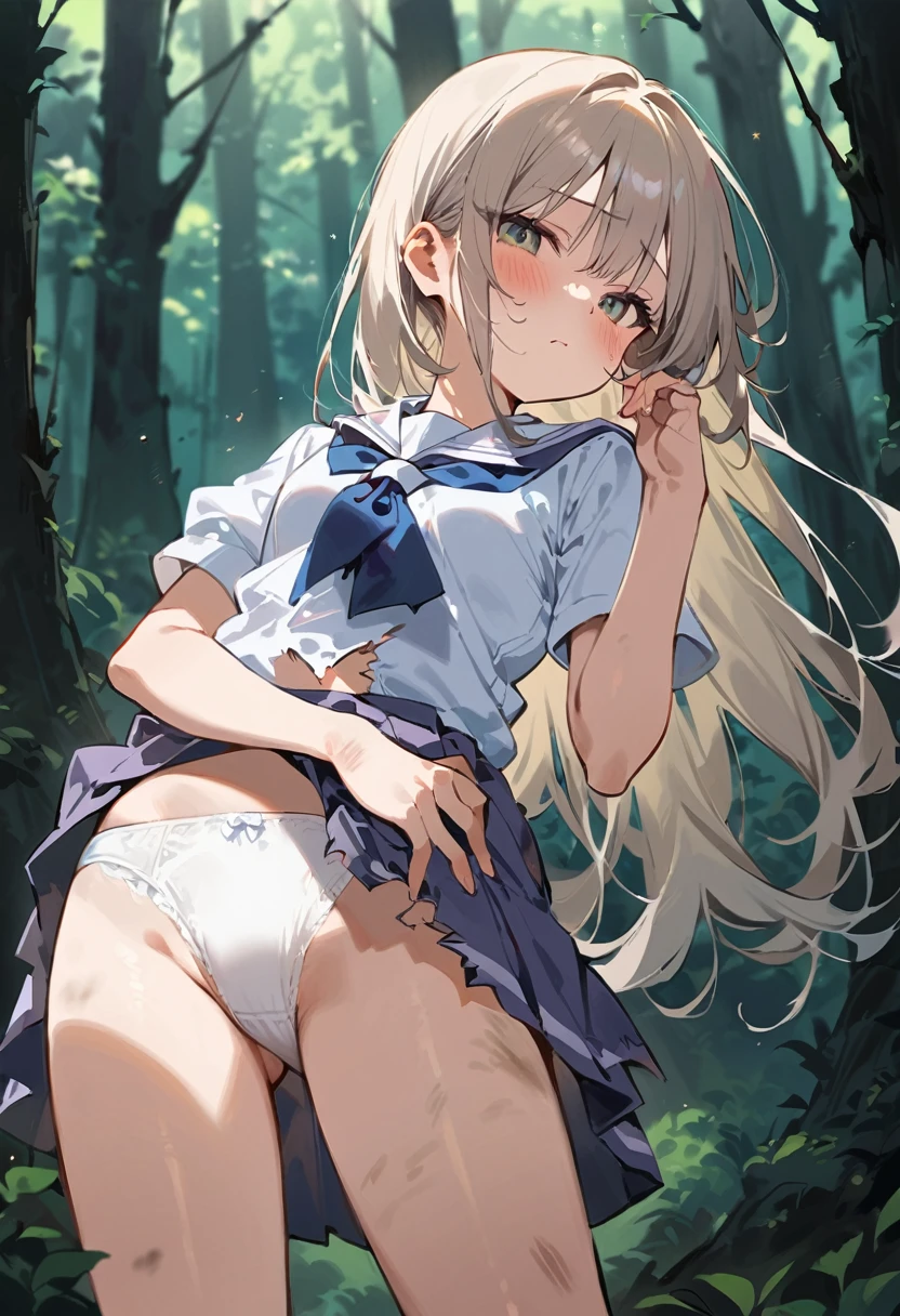 beautiful detailed girl,(masterpiece,best quality,extremely detailed:1.2),((cowboy shot:1.1)),(solo,,kawaii,slender,small breasts:1.25),(pained look:0.8),((white underwear) in ((Torn school uniform)):2),(dirty:2),blush,shy,weep,standing,(deep forest:1.5),(hug:0.4),rating: general, newest,Sexy face