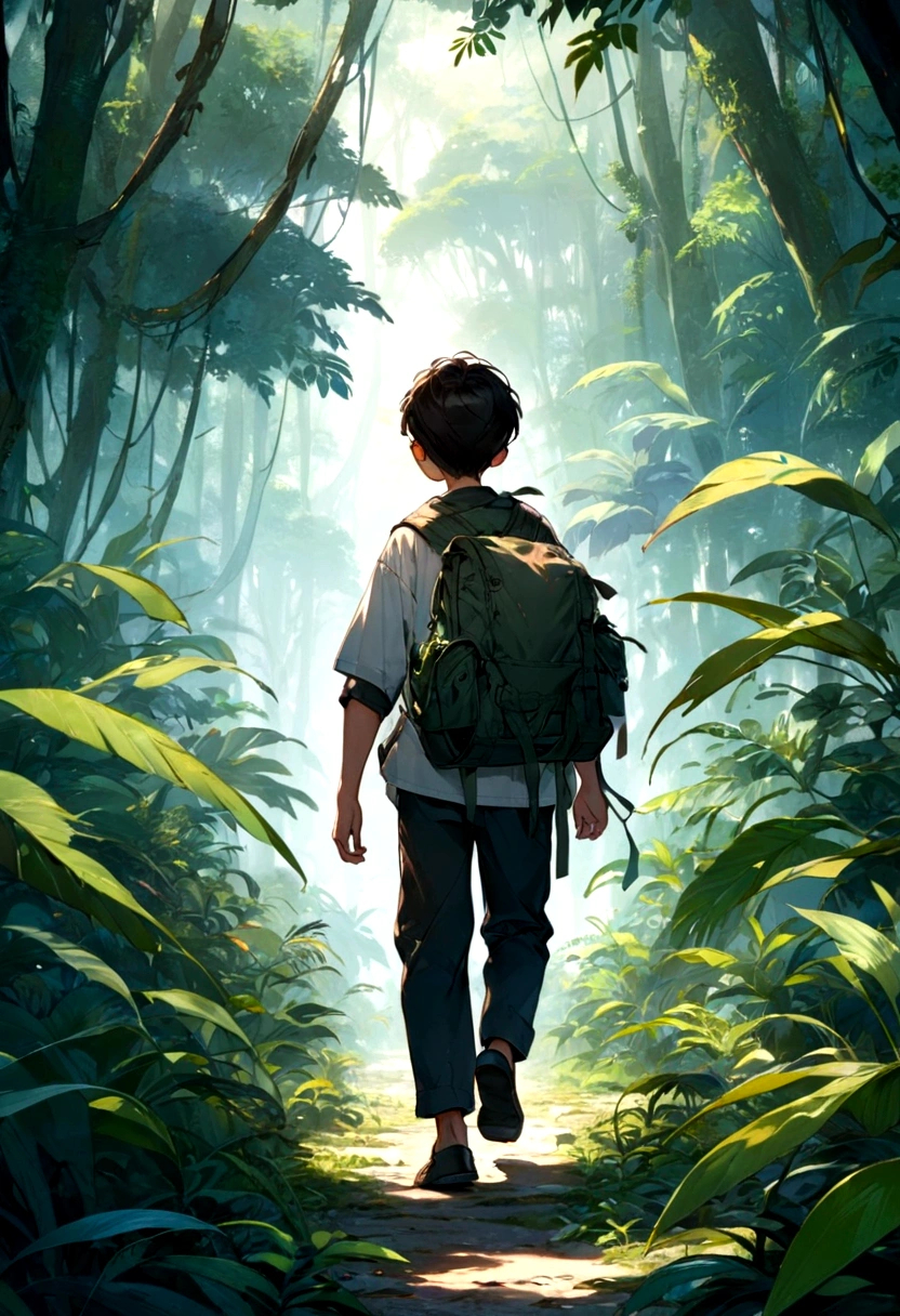 A boy walking in jungle 