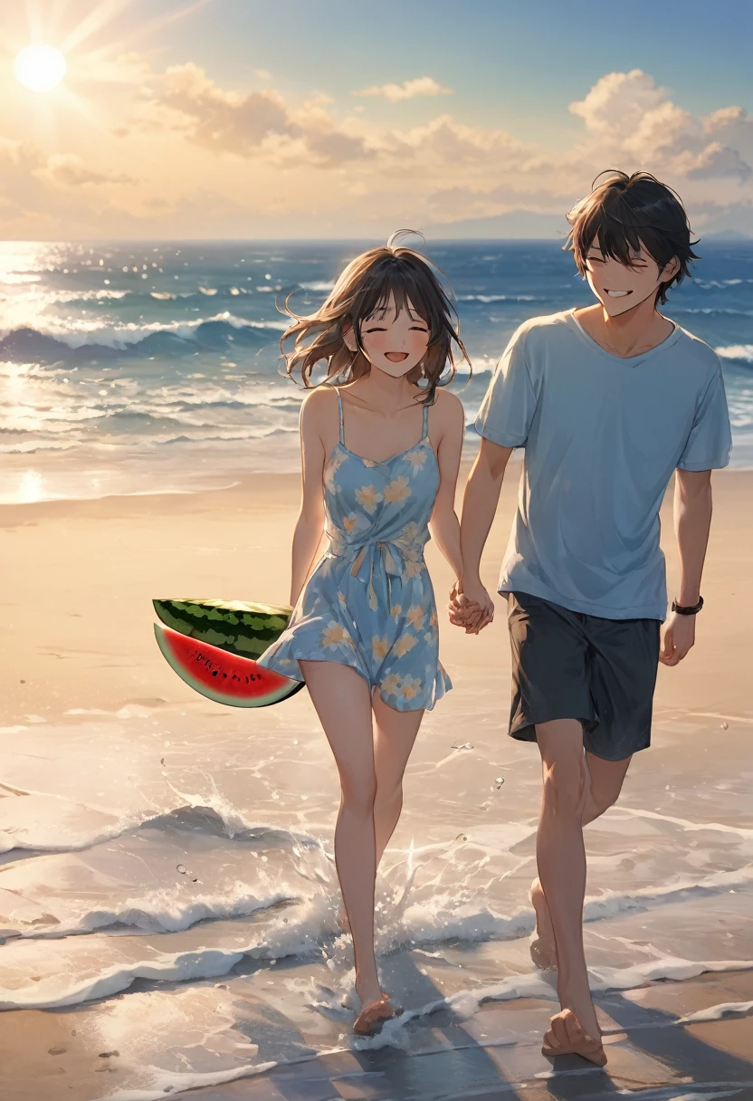 Photo quality, real-life image, 4K, Japanese cute model couple in swimsuits, the man is wearing a T-shirt, I can hear the sound of waves, the summer wind is blowing, you and I are here, your smile is dazzling, holding hands on the sand, we started running down this road, in the distance the blue sea makes my heart leap, the summer wind sways, carrying our dreams, continuing on and on, under the shining sun, that day we split the watermelon, I will never forget your smile, it's so sad, holding on to the memory of summer, the shadow of summer fading away, the road we walked together, the days I spent with you melt into my heart, the summer wind sways, carrying our dreams, continuing on and on, under the shining sun