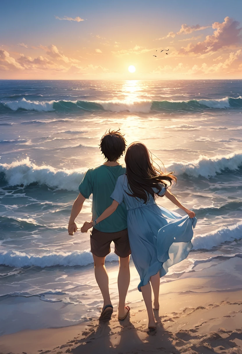 Photo quality, real-life image, 4K, Japanese cute model couple in swimsuits, the man is wearing a T-shirt, I can hear the sound of waves, the summer wind is blowing, you and I are here, your smile is dazzling, holding hands on the sand, we started running down this road, in the distance the blue sea makes my heart leap, the summer wind sways, carrying our dreams, continuing on and on, under the shining sun, that day we split the watermelon, I will never forget your smile, it's so sad, holding on to the memory of summer, the shadow of summer fading away, the road we walked together, the days I spent with you melt into my heart, the summer wind sways, carrying our dreams, continuing on and on, under the shining sun
