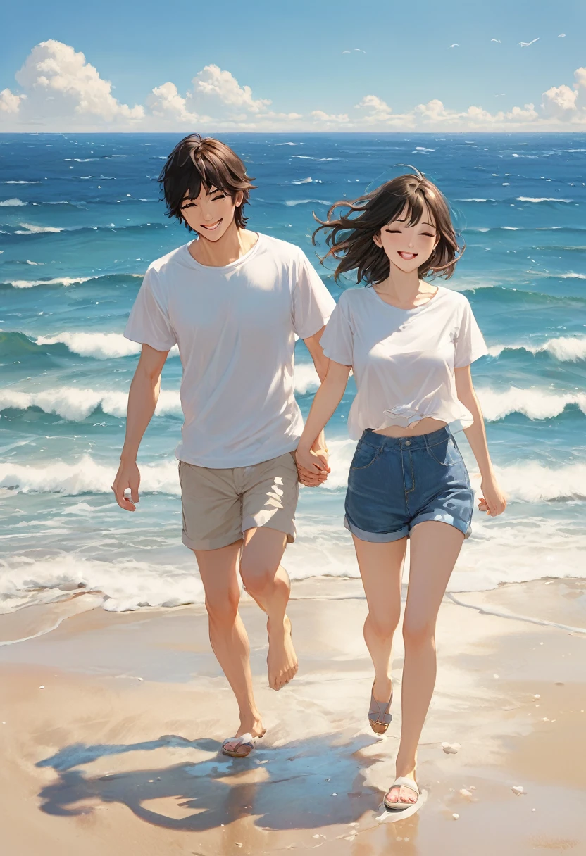 Photo quality, real-life image, 4K, Japanese cute model couple in swimsuits, the man is wearing a T-shirt, I can hear the sound of waves, the summer wind is blowing, you and I are here, your smile is dazzling, holding hands on the sand, we started running down this road, in the distance the blue sea makes my heart leap, the summer wind sways, carrying our dreams, continuing on and on, under the shining sun, that day we split the watermelon, I will never forget your smile, it's so sad, holding on to the memory of summer, the shadow of summer fading away, the road we walked together, the days I spent with you melt into my heart, the summer wind sways, carrying our dreams, continuing on and on, under the shining sun