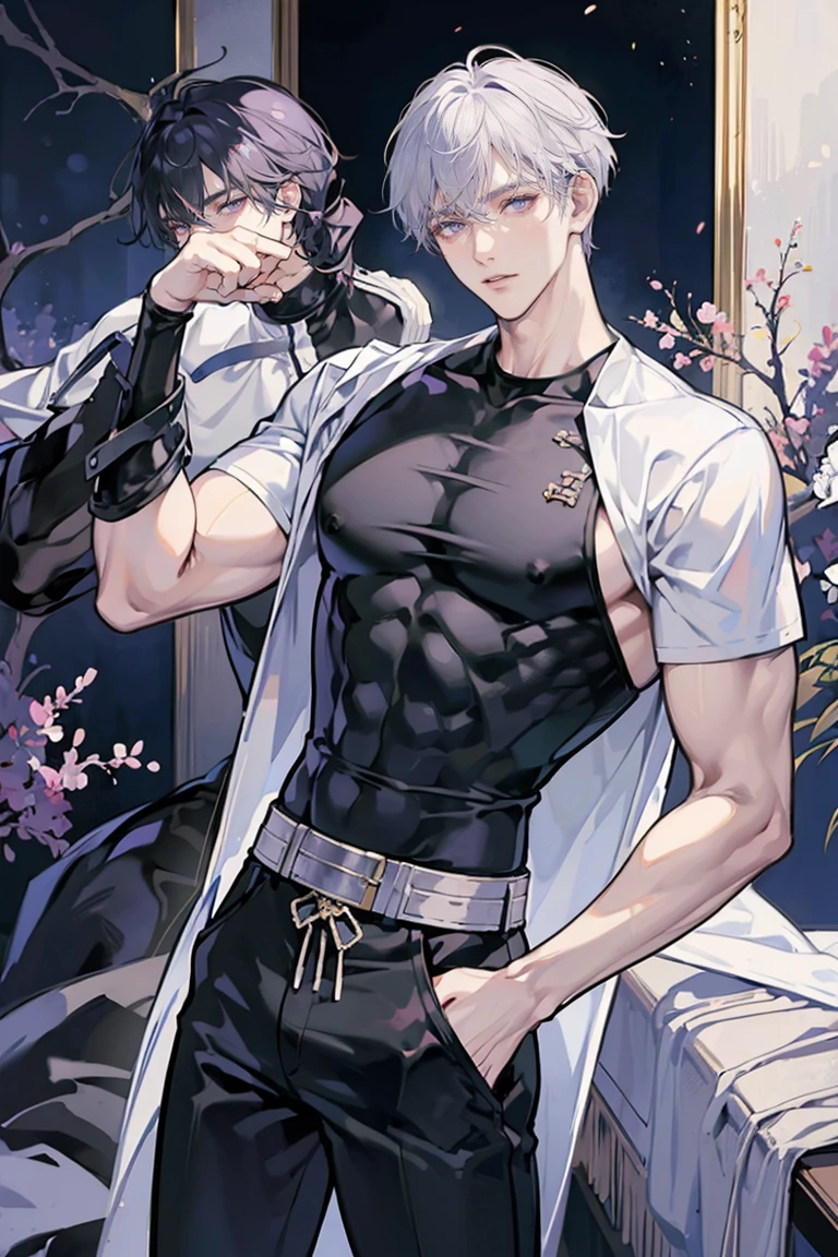 anime - (masterpiece), best quality, seductive eyes, mature face, purple eyes, middle part haircut, short length white hair, plain black compression t-shirt, black pants, tall man, long legs, masculine, broad shoulders, big muscles, adult-like, full body, both hands on his pockets