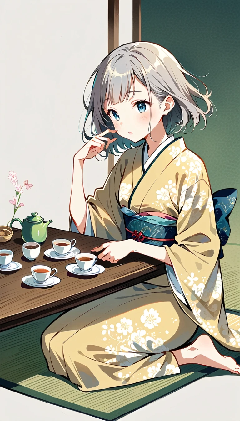 white background, Fujichoco style, kimono, gray hair, tatami, table, Tea ceremony etiquette, simple background,Simple line initialism, 18 year old girl, (((The Most Beautiful Girl))), Wallpapers, 8K,