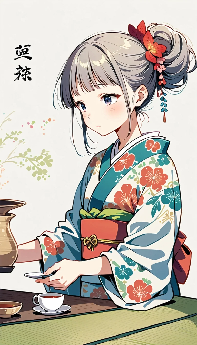 white background, Fujichoco style, kimono, gray hair, tatami, table, Tea ceremony etiquette, simple background,Simple line initialism, 18 year old girl, (((The Most Beautiful Girl))), Wallpapers, 8K,