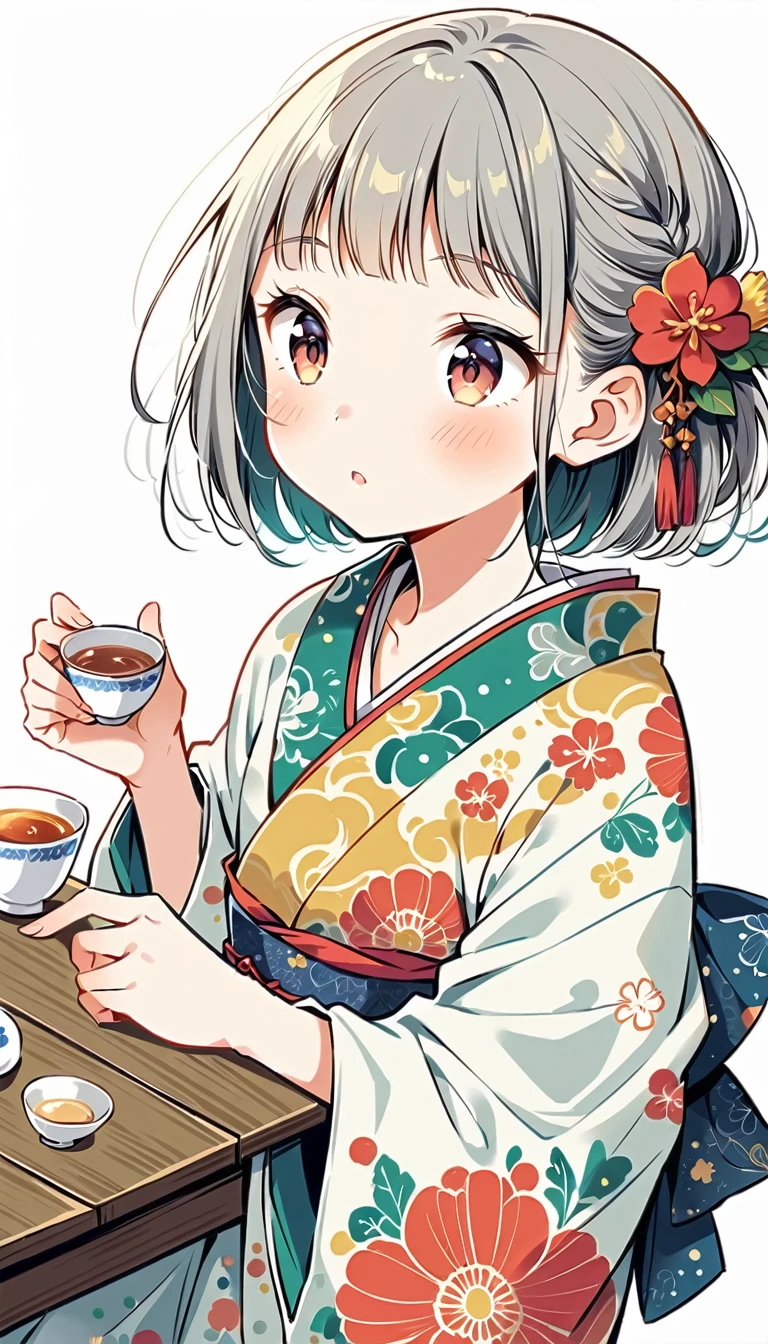white background, Fujichoco style, kimono, gray hair, tatami, table, Tea ceremony etiquette, simple background,Simple line initialism, 18 year old girl, (((The Most Beautiful Girl))), Wallpapers, 8K,