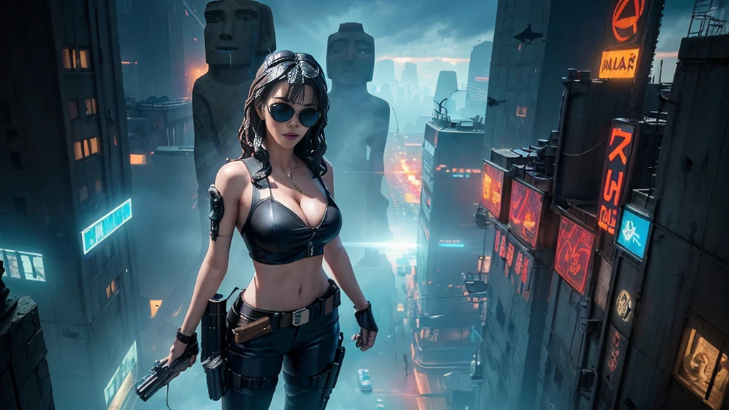 At night, dark sky, aerial view of fantasy cyberpunk style ((Moai-statue)) city, ((flying vehicle)). ((1girl, solo, alone)), photo realistic, medium-breast:1.1 slim body, cleavage, sexy clothes, (black sunglasses), (((hip-up standing and pistol aiming pose))), half-body thigh level medium shot, cinematic lighting.