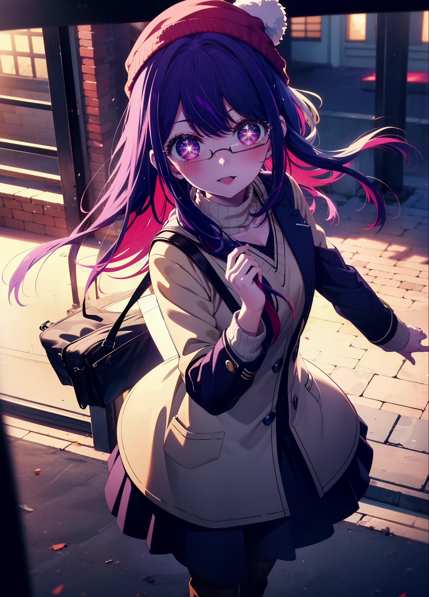 aihoshino, Ai Hoshino, Long Hair, bangs, (Purple eyes:1.1), Purple Hair, (Symbol-shaped pupil:1.5), smile,smile,blush,Open your mouth,Knitted hat,Black-rimmed glasses,Purple long coat,V-neck sweater,Long skirt,Black pantyhose,short boots,Red muffler,It's snowing,Snow is falling,Walking,whole bodyがイラストに入るように, evening,sunset,The sun is setting,
break outdoors, Building district,
break looking at viewer, whole body,
break (masterpiece:1.2), Highest quality, High resolution, unity 8k wallpaper, (figure:0.8), (Beautiful attention to detail:1.6), Highly detailed face, Perfect lighting, Highly detailed CG, (Perfect hands, Perfect Anatomy),