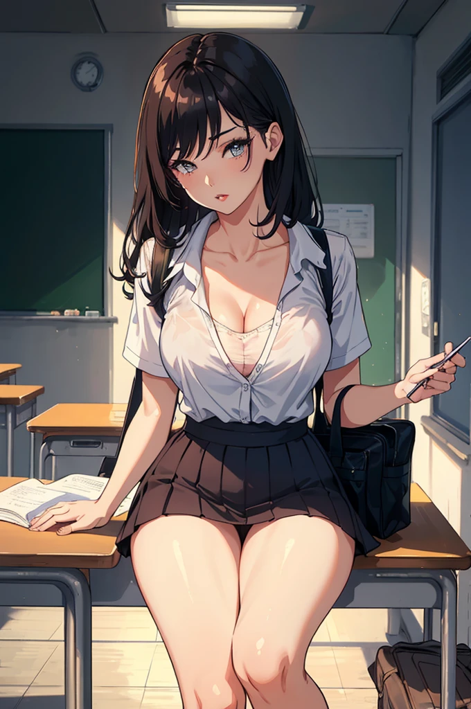 1woman, parted lips, makeup, provoking, , classroom, school bag, light rays, glow, thighs, collarbone, narrow waist, (masterpiece), wallpaper,