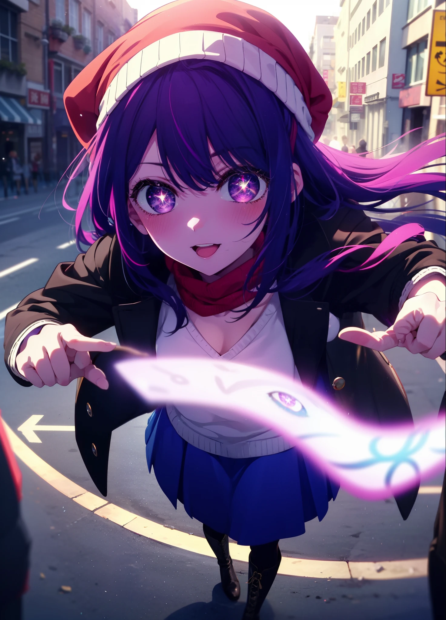aihoshino, Ai Hoshino, Long Hair, bangs, (Purple eyes:1.1), Purple Hair, (Symbol-shaped pupil:1.5), smile,smile,blush,Open your mouth,Knitted hat,Black-rimmed glasses,Purple long coat,V-neck sweater,Long skirt,Black pantyhose,short boots,Red muffler,It's snowing,Snow is falling,Walking,whole bodyがイラストに入るように, evening,sunset,The sun is setting,
break outdoors, Building district,
break looking at viewer, whole body,
break (masterpiece:1.2), Highest quality, High resolution, unity 8k wallpaper, (figure:0.8), (Beautiful attention to detail:1.6), Highly detailed face, Perfect lighting, Highly detailed CG, (Perfect hands, Perfect Anatomy),