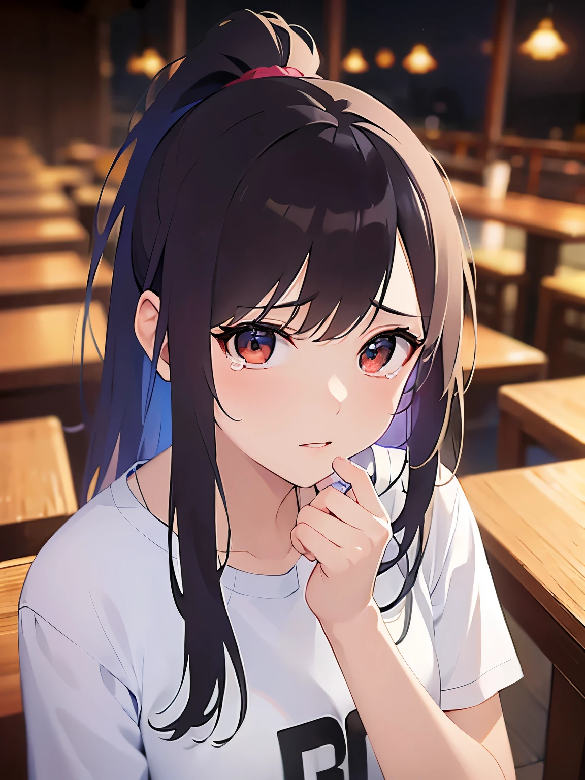 Shooting from above、looking up, Biologically correct five fingers、hand on own chin, Realistic, real person, (pale skin: 1.2), RAW photo, photorealistic, shiny skin, shiny hair、(A 25-year-old woman with medium-length hair and bangs) and (ponytail) and (brown hair) and (Orange Eyes) ,BREAK (White T-shirt) BREAK、(tears:1.3), angry, Alone、The background is the interior of a restaurant at night.