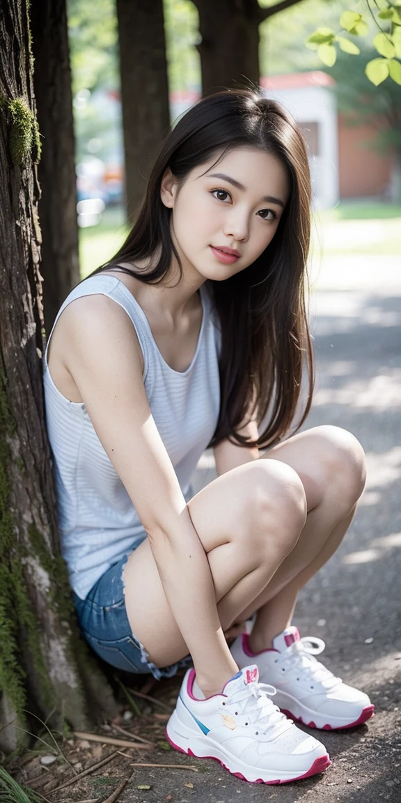 masterpiece, best quality, Surreal, Ultra Detailed, 8k resolution, RAW photos, Clear focus, (A girl in the forest), ((light gray shirt)), sleeveless, sports Shorts,, Solitary, Perfect body, Perfect body, Playful and flirty pose，Half-length photo,((The calves are straight and thin，Wear high-end brand colored sneakers，))，Bangs to eyebrows、Beautiful brown hair、Beautiful and delicate eyes、Brown eyes、Raise an eyebrow、Bangs to eyebrows、Beautiful brown hair、Beautiful and delicate eyes、Brown eyes、Raise an eyebrow、High Nose、Small nostril、Little mouth、Tempting lips、Mouth slightly open、Beautiful breasts、Full body、Oval face,Phoenix Eyes，Eyebrow， Double eyelids, Long eyelashes, A faint smile, ，She has a pair of eyes as clear as water，Eyebrows are like distant mountains，Creamy skin，Lips like cherry blossoms。Her beauty is not only in appearance，It&#39;s more about her fragile yet tenacious temperament，Like a hibiscus flower swaying in the wind，It's pitiful， A faint smile, 
 32 inches in the chest,(a charming smile:1), (sexy pose)，26 years old, light,White shoes，