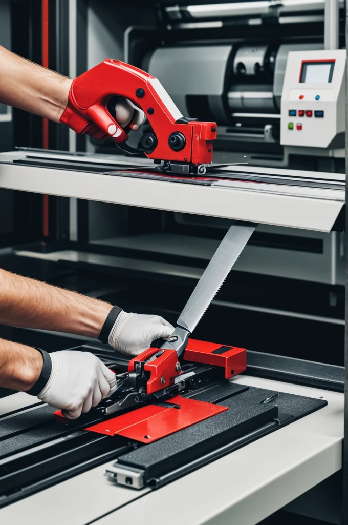 A worker using scissors or a cutting machine with proper guarding and safety measures
- Visual instructions:
- Use proper guarding on machines
- Keep scissors and blades sharp and clean
- Cut away from your body
- Red "X" symbol: Using a machine without guarding or cutting towards your body
