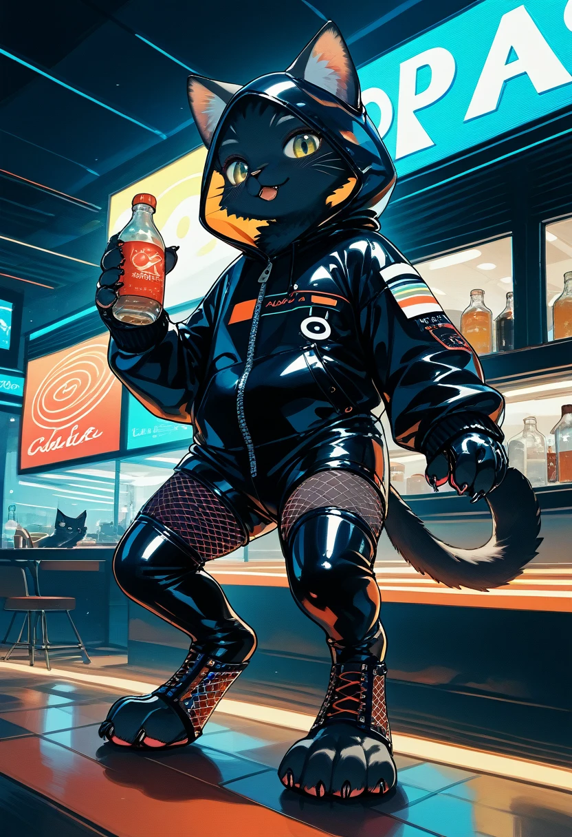 Highest quality, Highest quality, High quality illustrations, masterpiece, Ultra-high resolution, Detailed Background, cyber cafe, Bottle, Absurd, Perfect ???????, performance, Good lighting, Shadows in the movies(kemono, Furry Personification), cat, Black Skin, Rubber suit, Rubber suit, latex, neon, neonライト, neonカラー, Fishnet tights, Rubber Hoodie, ribbon, male, juvenile