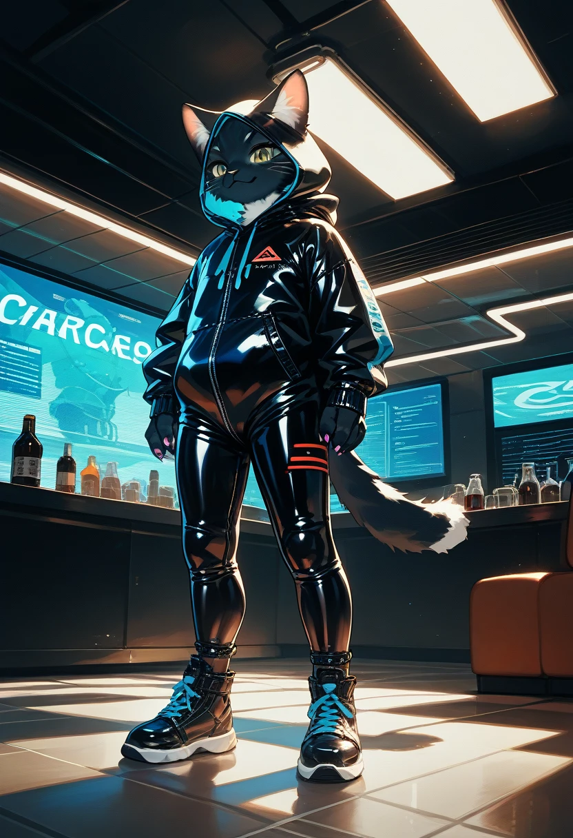 Highest quality, Highest quality, High quality illustrations, masterpiece, Ultra-high resolution, Detailed Background, cyber cafe, Bottle, Absurd, Perfect Anatomy, performance, Good lighting, Shadows in the movies(kemono, Furry Personification), cat, Black Skin, Rubber suit, Rubber suit, latex, neon, neonライト, neonカラー, Fishnet tights, Rubber Hoodie, ribbon, male, juvenile