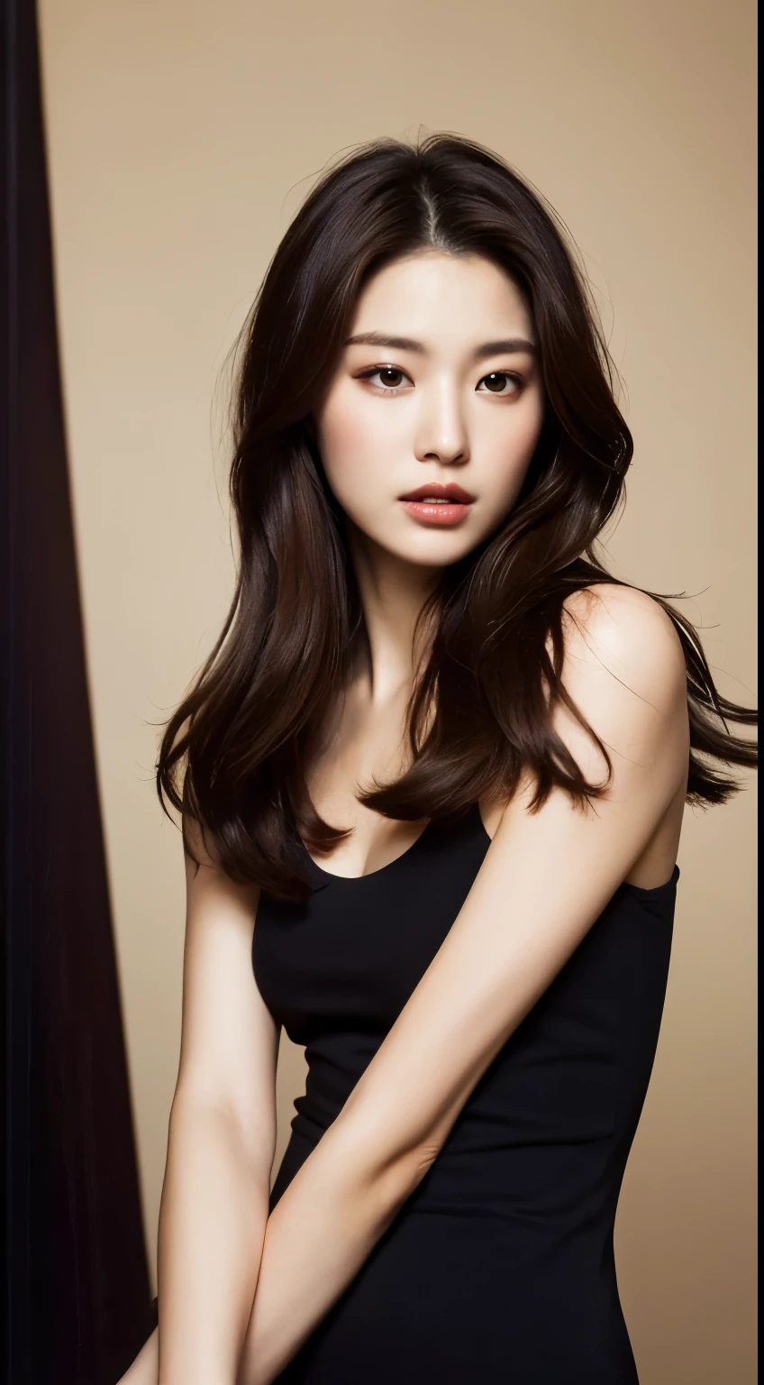 (best quality, high resolution, masterpiece: 1.3), A tall and beautiful woman, slim的腹肌, Dark brown hair，#1: Loose, Wavy Hair, breast, Suspender Skirt, (Modern architecture in background), Facial details and skin texture are beautifully rendered, Delicate eyes, Double eyelids, Long legs, Beautiful legs, High heel, permanent, permanent, whole body, Fujifilm X-T3 Photo, Cleavage exposed, transparent, Huge file size, Official Art, Highly detailed CG Unity 8k wallpaper, Highly detailed young woman, Highly detailed face, highly Delicate eyes, Very delicate skin, Very detailed hands指, Very detailed hands, Very detailed nose, The mouth is rich in detail, Perfect anatomical structure, Very detailed background, Very detailed chest, Solitary, (18:1.2), teenager, Lovely girl, Lovely, Realistic body, , White skin, Radiant Skin, slim, Black Hair, Long and straight hair, (Bangs: 1.2), Smile, Lovely, young, Lovely face, Realistic face, Exquisite eyes, Drooping eyes, Corrina, Korean Idol, Sterling Silver Necklace, White clothes