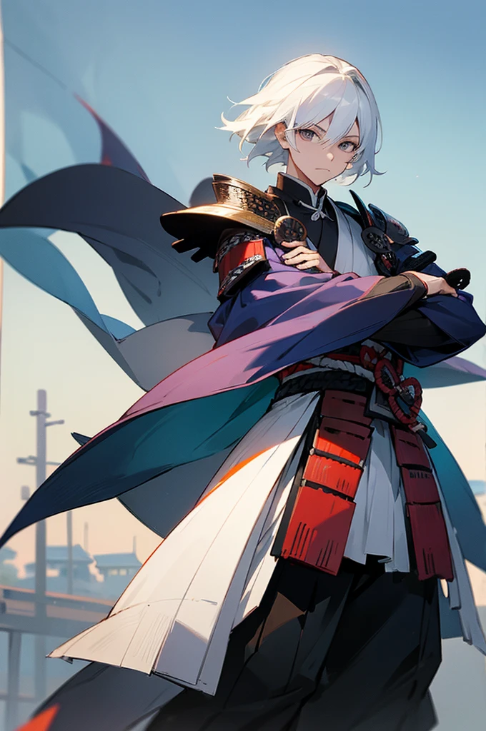 Young Adult, male, samurai Clothing, Standing pose, Town background. white hair, samurai armor