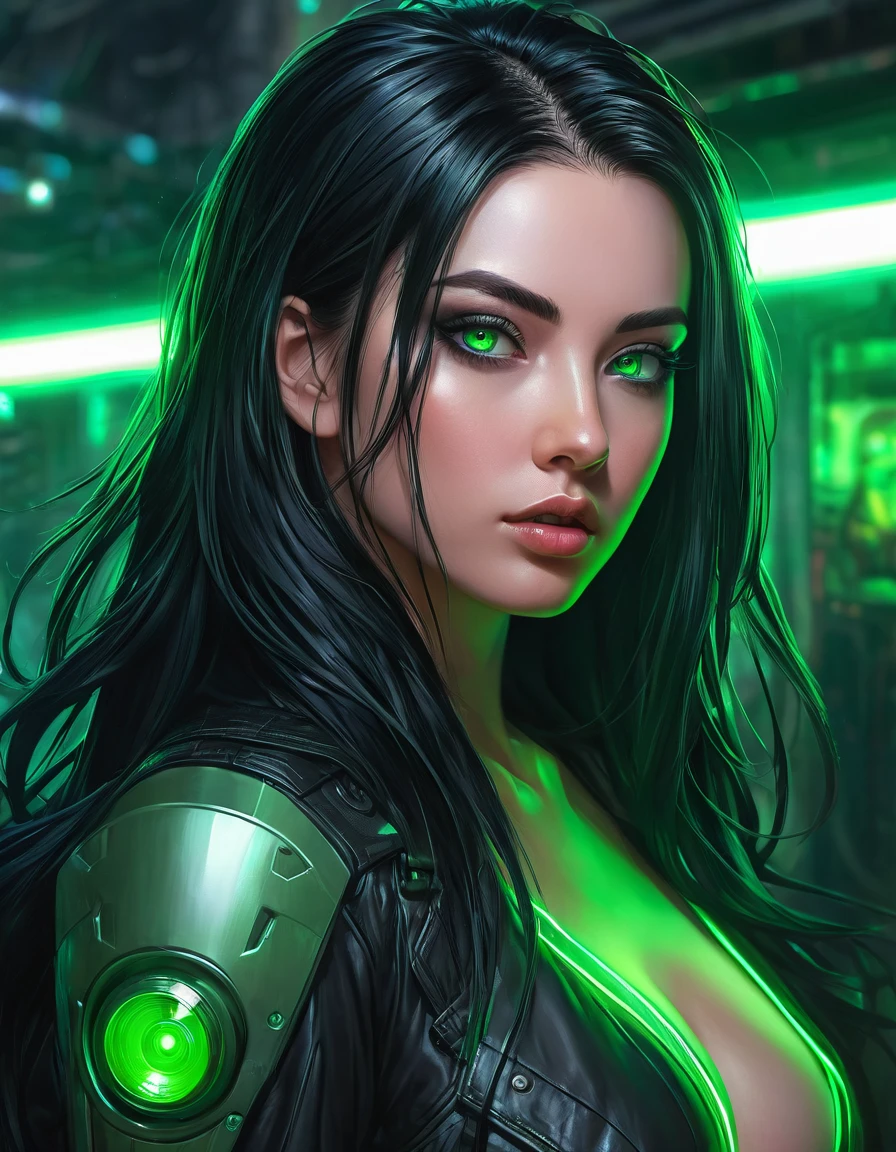 Photorealism, woman with long black hair and green eyes, standing in front of a green light, Cyberpunk art, Artgerm and Atey Gaylan, digital art in cyberpunk style, extremely detailed art germ, Artgerm LLC, in trend, artgerm style, Black-haired girl in cyberpunk style, Stephen Artherm Lau, Ross Tran and Artgerm