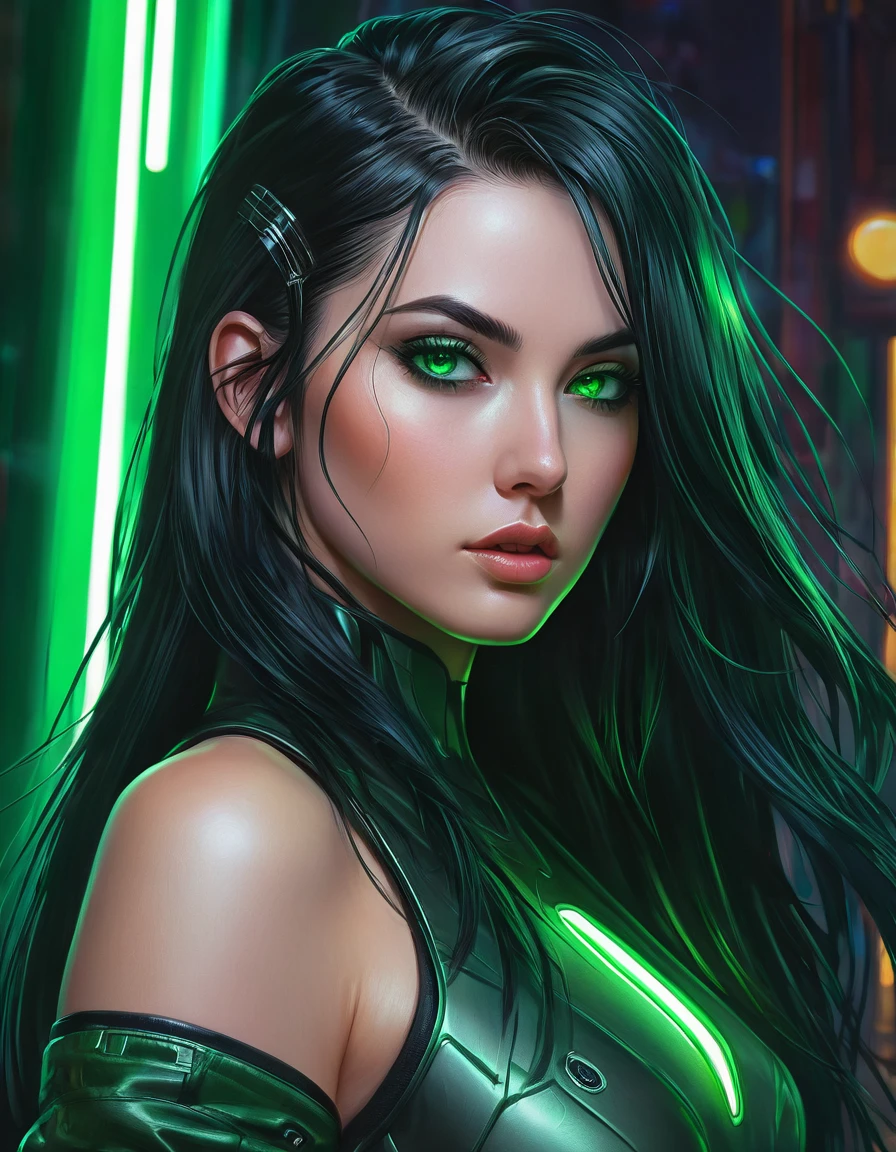 Photorealism, woman with long black hair and green eyes, standing in front of a green light, Cyberpunk art, Artgerm and Atey Gaylan, digital art in cyberpunk style, extremely detailed art germ, Artgerm LLC, in trend, artgerm style, Black-haired girl in cyberpunk style, Stephen Artherm Lau, Ross Tran and Artgerm