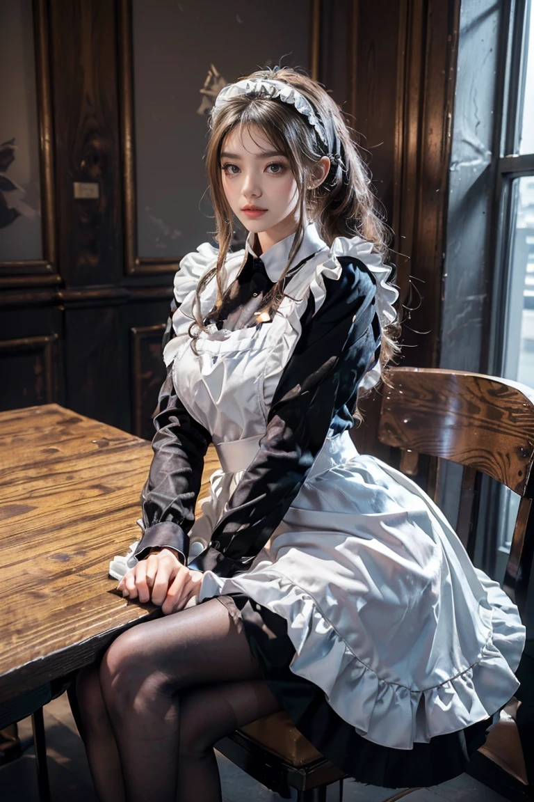 ((masterpiece, best quality, Highest image quality, high resolution, Reality, RAW photos, 8K)), ((Extremely detailed CG unified 8k wallpaper)), (Huge stunning goddess photo, Very hot and sexy, Stunning beauty, Perfect proportion, Beautiful Body, slim body beautiful:1.4), ((ung woman, Detailed face and eyes, Pretty Face, Ponytail, Glowing skin, Realistic skin texture, Wearing a maid outfit, Sitting at the table with legs spread, Put one leg on the chair, Coffee Shop,(Cat ear,Cat ear朵),Dynamic poses, Long sleeve, Large Breasts, Big Ass)), ((Black maid outfit, Long sleeve, Long skirt, White apron, Headdress, High heel ))),