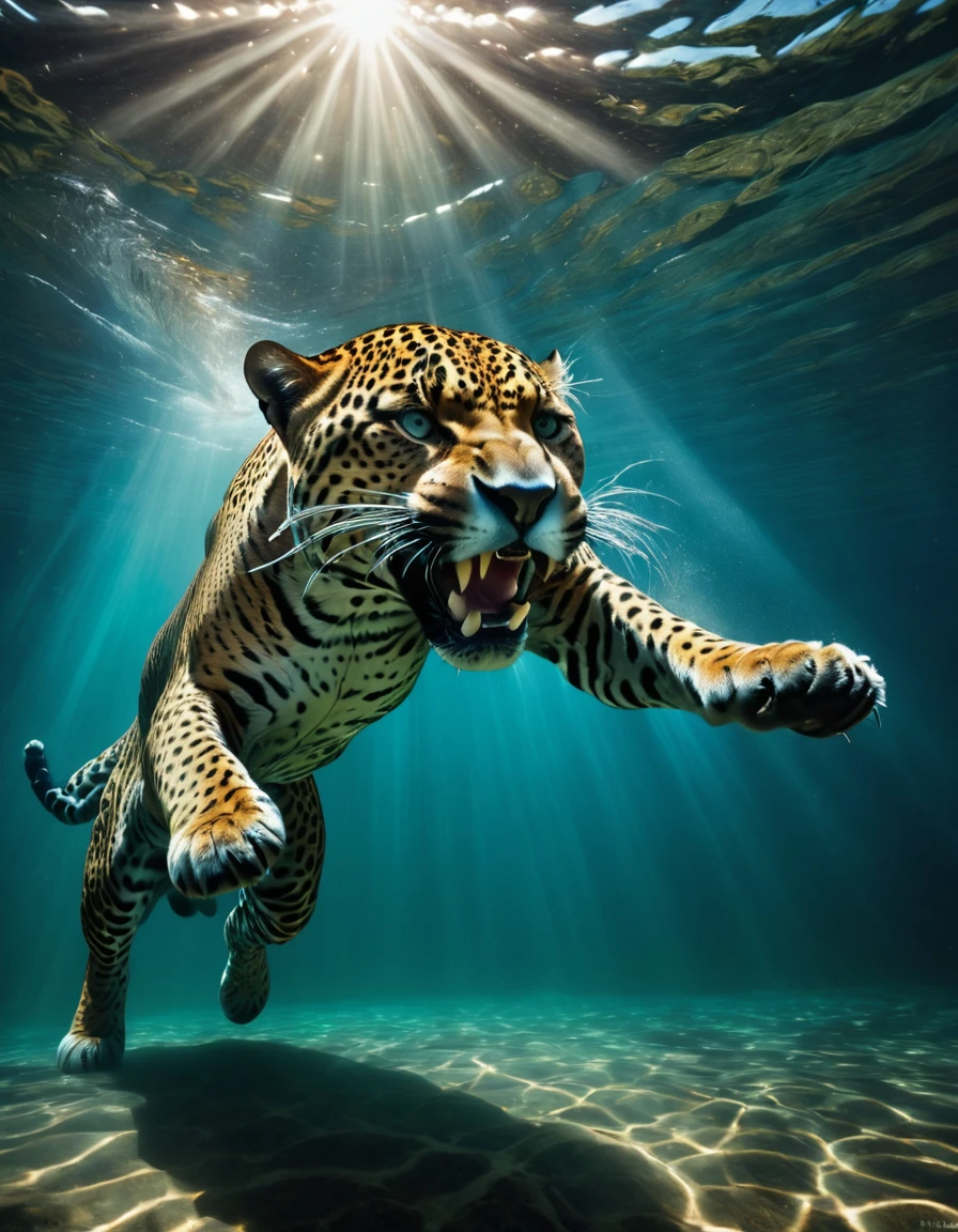 A hyper-realistic underwater scene of a jaguar attacking an adult man. The jaguar is mid-pounce with its claws outstretched and teeth bared, ready to strike. The man is swimming away, terrified, with a look of sheer panic on his face. The water is dark and murky, adding a sense of danger and intensity to the scene. The lighting is natural, with rays of light penetrating the water from above, highlighting the jaguar's powerful muscles and the man's desperate struggle. The overall mood is intense and dramatic, capturing a moment of life-and-death struggle.