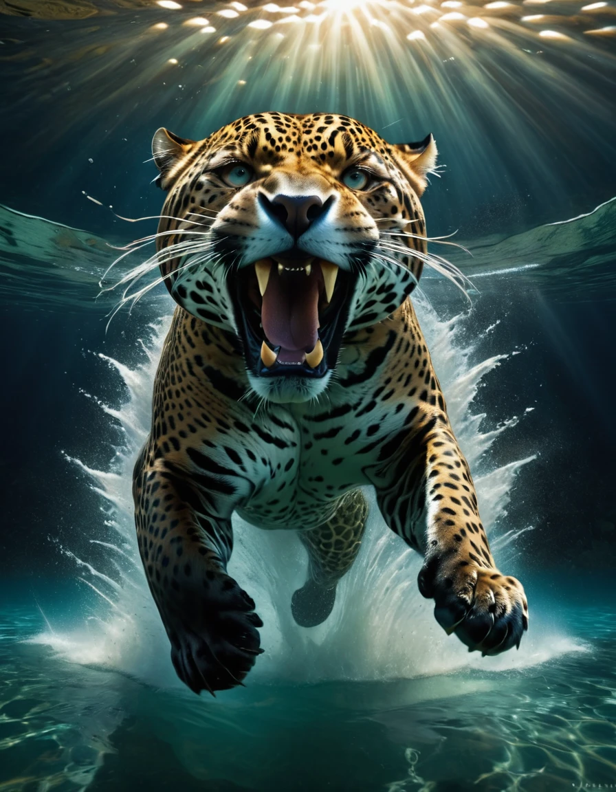 A hyper-realistic underwater scene of a jaguar attacking an adult man. The jaguar is mid-pounce with its claws outstretched and teeth bared, ready to strike. The man is swimming away, terrified, with a look of sheer panic on his face. The water is dark and murky, adding a sense of danger and intensity to the scene. The lighting is natural, with rays of light penetrating the water from above, highlighting the jaguar's powerful muscles and the man's desperate struggle. The overall mood is intense and dramatic, capturing a moment of life-and-death struggle.