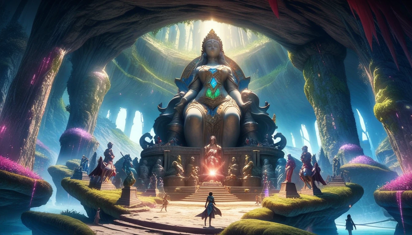 anime aestetics, anime scenery, huge cave, ancient monument standing in the center, statue of the goddes of fertility, old statue, covered in moss, curvy figure, cave vovered with different kinds of krystals, saphires, amethists, rubies, dim light, shiny crustals, mystic atmosphere, beautiful shine, a lot of colours, dnd, heroic fantasy, from above, wide shot, perspective, atmospheric perspective, 4K, 8k, highres, best quality, super detail, award winning, masterpiece