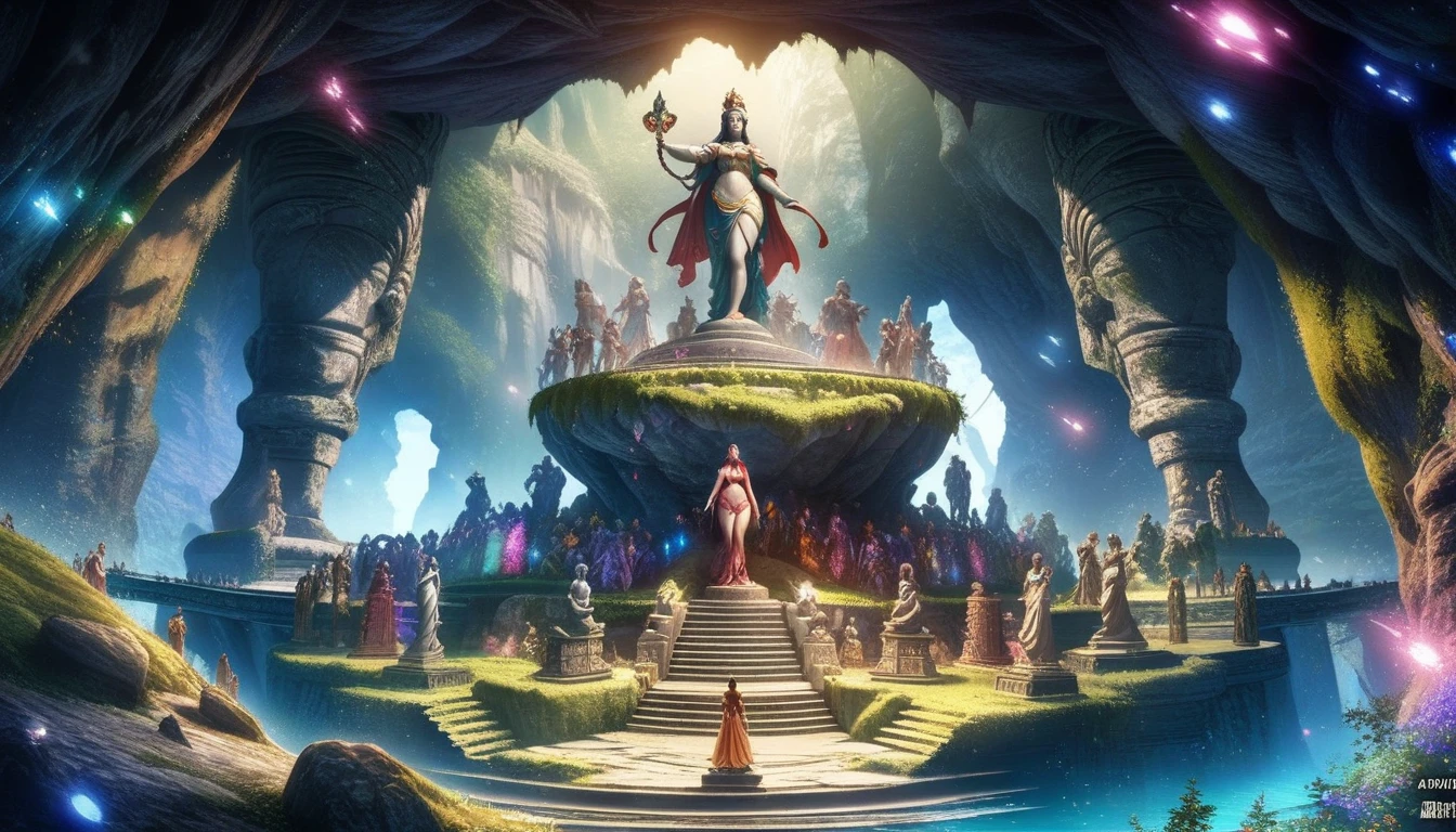 anime aestetics, anime scenery, huge cave, ancient monument standing in the center, statue of the goddes of fertility, old statue, covered in moss, curvy figure, cave vovered with different kinds of krystals, saphires, amethists, rubies, dim light, shiny crustals, mystic atmosphere, beautiful shine, a lot of colours, dnd, heroic fantasy, from above, wide shot, perspective, atmospheric perspective, 4K, 8k, highres, best quality, super detail, award winning, masterpiece