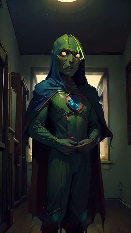 best quality,masterpiece,1boy,solo,(((13years old))),green alien boy,an extremely cute and handsome boy,highly detailed beautiful face and eyes,petit,cute face,lovely face,baby face,green skin,shy smile,show teeth, no hair,bald,flat chest,skinny,slender,(((wearing a Martian manhunter costume,blue cape))),(((standing in reelunsettling dark indoors room))),he is looking at the viewer,