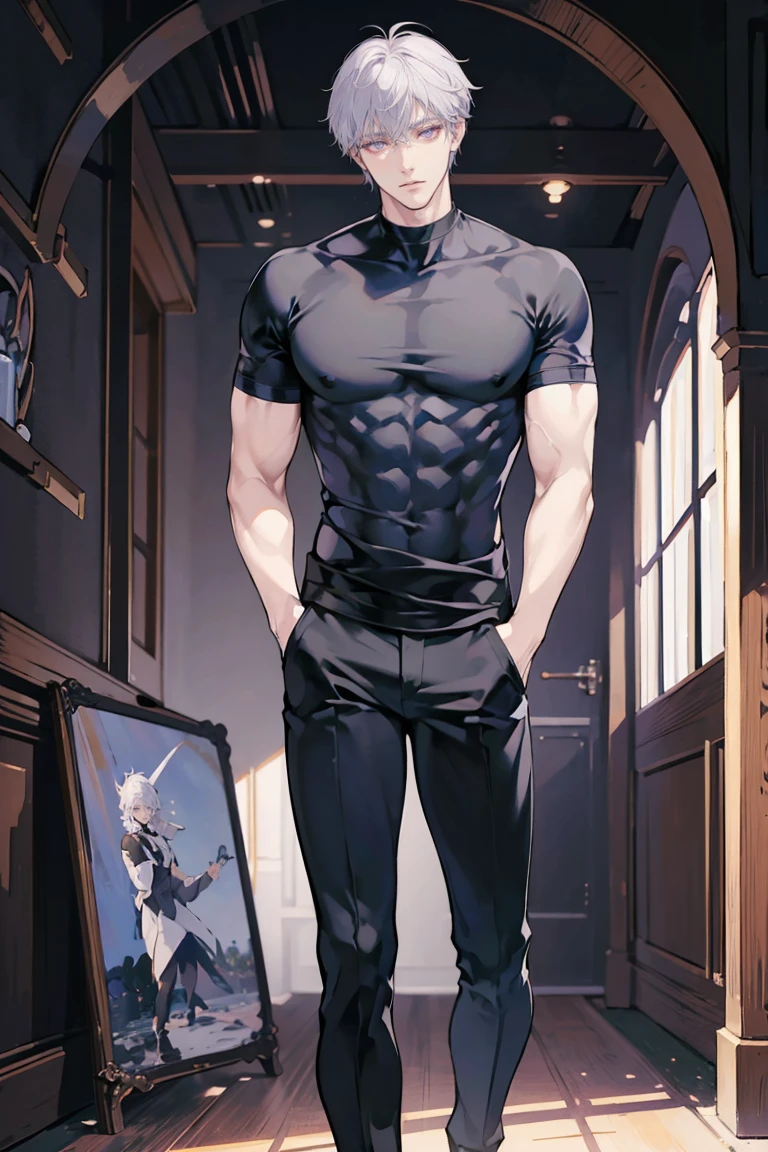 anime - (masterpiece), best quality, seductive eyes, mature face, purple eyes, middle part haircut, short length white hair, black compression t-shirt, black pants, tall man, long legs, masculine, long broad shoulders, big muscles, adult-like, full body, both hands on his pockets
