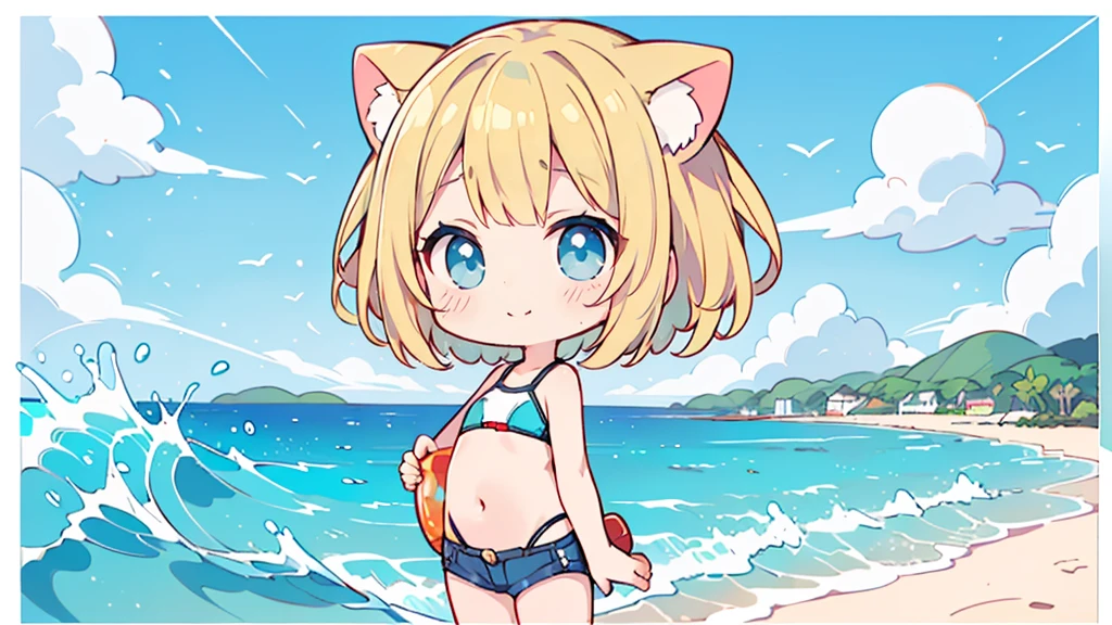 Chibi Character、smile,ピンク色のSwimwearの上半身、Denim shorts、Turquoise Eyes、Cat ear、Absurd, Ultra-detailed,Bright colors,(solo),(From the side:1.2),(View your viewers:1.5) (Short blonde hair:1.2),Shiny Hair,(ピンクのSwimwear:1.5),Denim shorts,Delicate and beautiful face, blush、(Deep blue eyes:1.4), White skin, (物憂げなsmile:1.3),Beautiful Clouds,(Standing on the beach, looking to the side with a sad expression:1.3),look at the sea and sunset,At sunset,Waves crashing on the beach,sunlight,Light on the face、Cat ear、Belly button、Turquoise Eyes、Swimwear