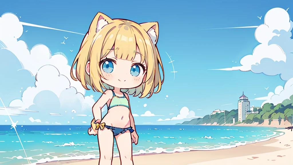 Chibi Character、smile,ピンク色のSwimwearの上半身、Denim shorts、Turquoise Eyes、Cat ear、Absurd, Ultra-detailed,Bright colors,(solo),(From the side:1.2),(View your viewers:1.5) (Short blonde hair:1.2),Shiny Hair,(ピンクのSwimwear:1.5),Denim shorts,Delicate and beautiful face, blush、(Deep blue eyes:1.4), White skin, (物憂げなsmile:1.3),Beautiful Clouds,(Standing on the beach, looking to the side with a sad expression:1.3),look at the sea and sunset,At sunset,Waves crashing on the beach,sunlight,Light on the face、Cat ear、Belly button、Turquoise Eyes、Swimwear