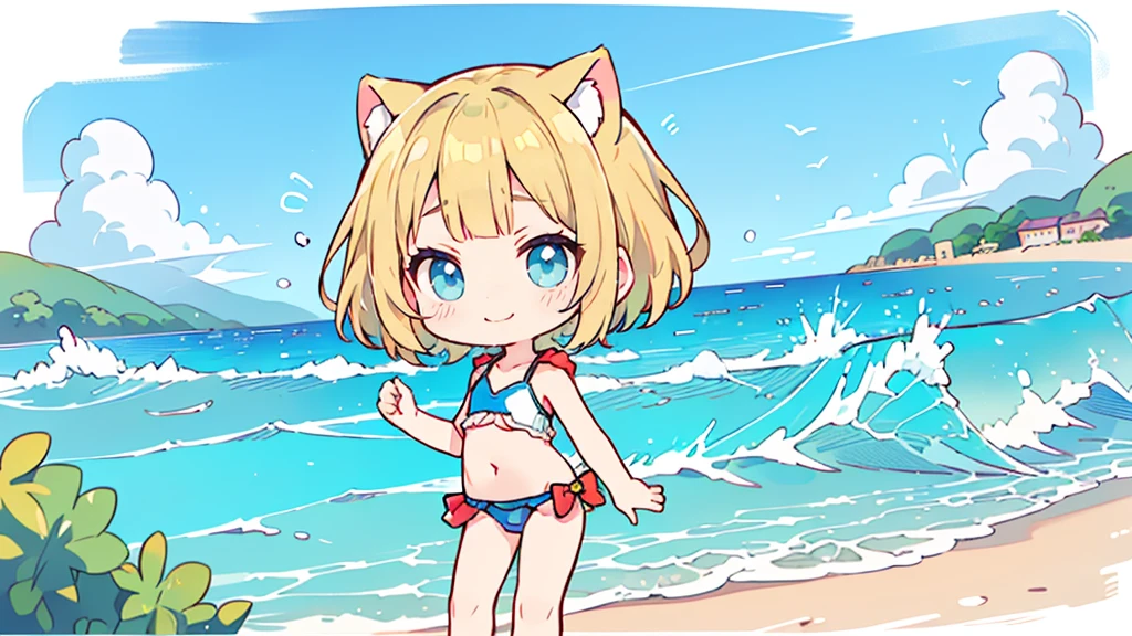 Chibi Character、smile,ピンク色のSwimwearの上半身、Denim shorts、Turquoise Eyes、Cat ear、Absurd, Ultra-detailed,Bright colors,(solo),(From the side:1.2),(View your viewers:1.5) (Short blonde hair:1.2),Shiny Hair,(ピンクのSwimwear:1.5),Denim shorts,Delicate and beautiful face, blush、(Deep blue eyes:1.4), White skin, (物憂げなsmile:1.3),Beautiful Clouds,(Standing on the beach, looking to the side with a sad expression:1.3),look at the sea and sunset,At sunset,Waves crashing on the beach,sunlight,Light on the face、Cat ear、Belly button、Turquoise Eyes、Swimwear