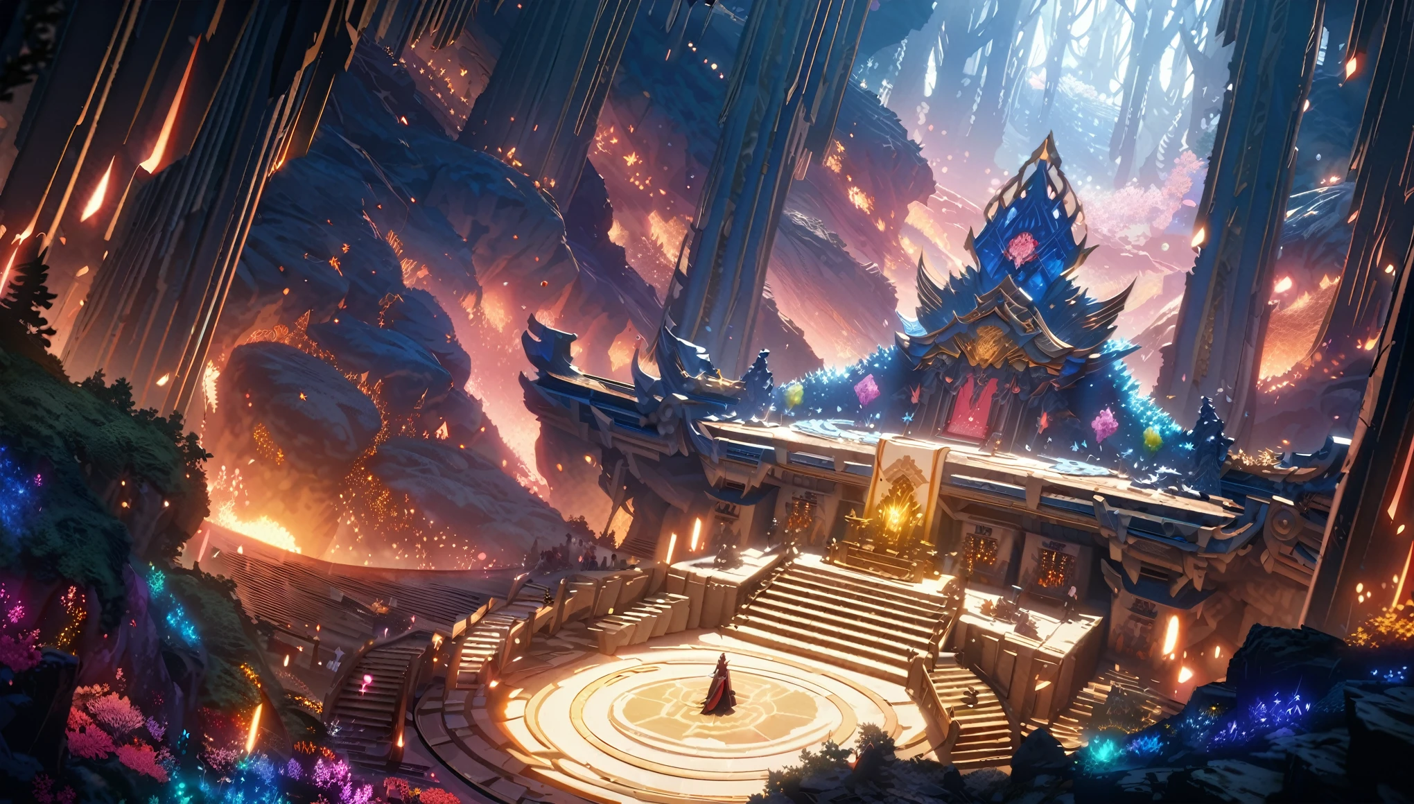 anime aestetics, anime scenery, huge cave, huge crystalic throne in the center, glorious shrine, cave covered with different kinds of krystals, saphires, amethists, rubies, dim light, shiny crustals, mystic atmosphere, beautiful shine, a lot of colours, dnd, heroic fantasy, from above, wide shot, perspective, atmospheric perspective, 4K, 8k, highres, best quality, super detail, award winning, masterpiece