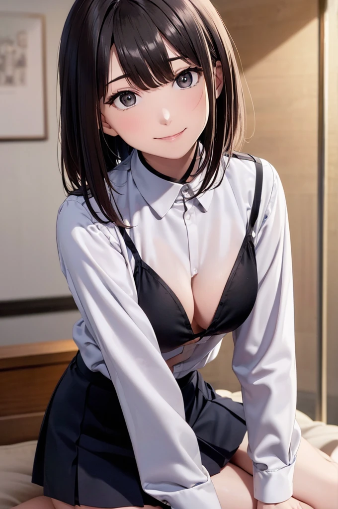 best quality, detailed face, highres, 1girl, middle breast, smile, silky shirts , dark gray skirt, good anatomy, looking at viewer, soft focus, cinematic lighting, depth of field, ((happy expression)), middle hair, bare legs, asymmetric hairstyle,