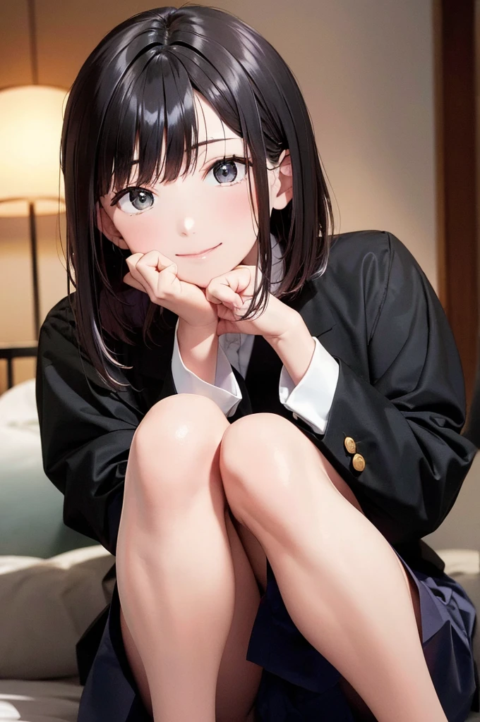 best quality, detailed face, highres, 1girl, middle breast, smile, silky shirts , dark gray skirt, good anatomy, looking at viewer, soft focus, cinematic lighting, depth of field, ((happy expression)), middle hair, bare legs, asymmetric hairstyle, 