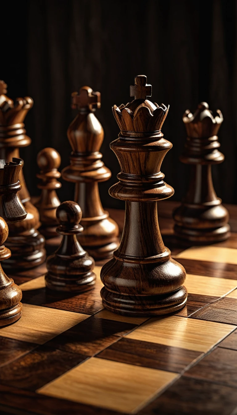 a highly detailed illustration of a chess game on a wooden table, close-up shot, rich textures, intricate pieces, dramatic shadows, warm lighting, elegant composition, photorealistic, cinematic atmosphere, masterpiece, ultra-detailed, sharp focus, physically-based rendering, vivid colors, studio lighting, extremely detailed chess pieces, ornamental chess board, wooden table with intricate patterns, reflections on the surface, dramatic chiaroscuro lighting, moody and atmospheric, with landscape ratio