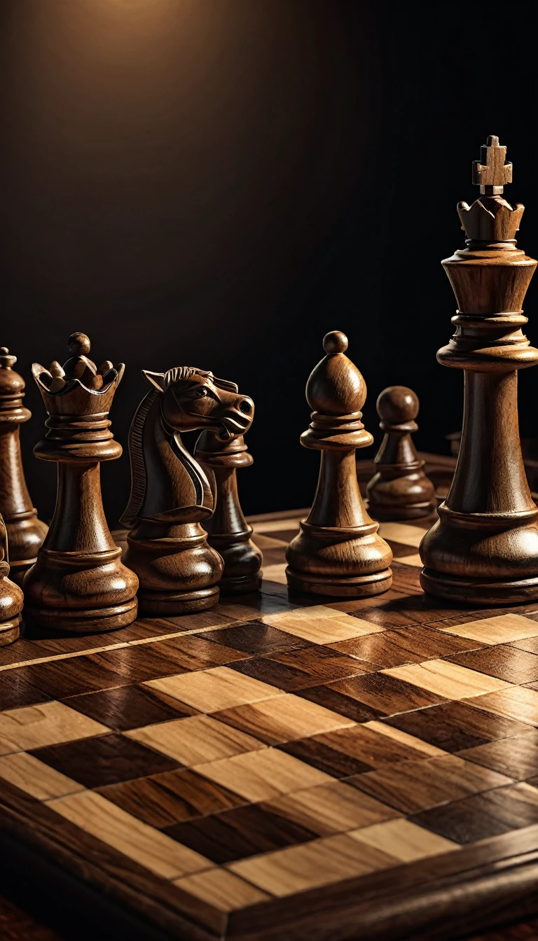 a highly detailed illustration of a chess game on a wooden table, close-up shot, rich textures, intricate pieces, dramatic shadows, warm lighting, elegant composition, photorealistic, cinematic atmosphere, masterpiece, ultra-detailed, sharp focus, physically-based rendering, vivid colors, studio lighting, extremely detailed chess pieces, ornamental chess board, wooden table with intricate patterns, reflections on the surface, dramatic chiaroscuro lighting, moody and atmospheric, with landscape ratio