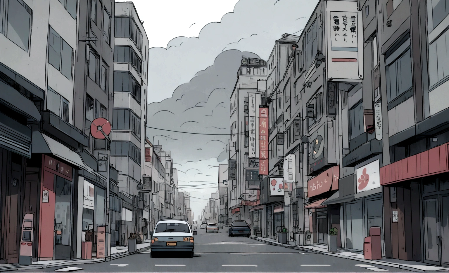 busy street, anime style, asphalt road, large truck approaching, headlights on, parked cars along the sides, buildings with shop signs, overcast sky, slightly grey tone