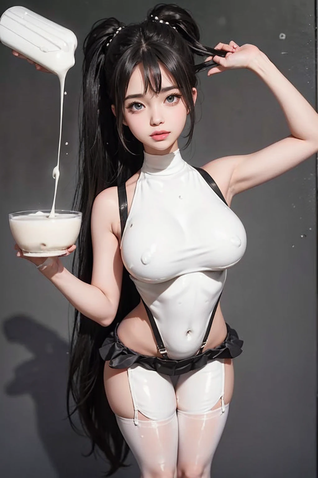 pretty girl, Standing in front of the blackboard, Tight sleeveless cutie, Lower body ultra short skirt, Exposed arms, exposed shoulders, Exposed stomach, Navel exposed, (Giant Milk: 1.5), Long tube suspender stockings, Looking at the viewer, Don't hold anything in your hands, Don't show cleavage.