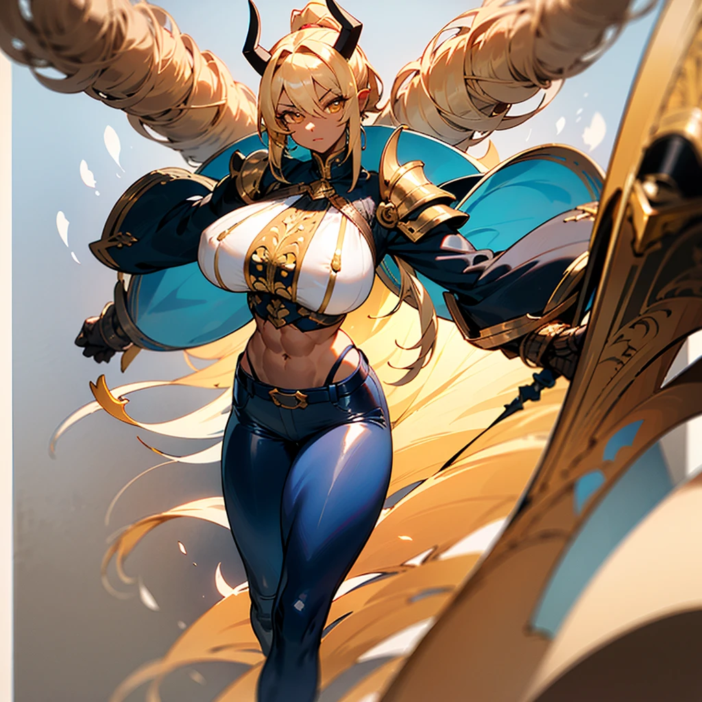 8k_wallpaper, extremely detailed eyes, extremely detailed body, 1girl,((perfect anatomy huge chest)), (intricate details:1.3), (ultra-detailed:1.3), (sharp focus:1.3), (natural lighting:1.05), (vivid colors:1.3), (best quality:1.4), high quality, expressive eyes, full body, tall girl, detailed face, beautiful face, perfect face, detailed ((blonde hair)), (gold eyes), ((big red horns)), {{dark skin}}, ({dark skinned female}), gigantic breasts, thick thighs, translucent blue veins on the body, strong abdominal muscles, strong leg muscles, strong arm muscles, ponytail hairstyle, wearing a blue coat with rolled up sleeves, steel belly heavy armor, leather pants, leather steel gloves, wide a leather belt with gold yarn walks through a flower meadow against the backdrop of distant high mountains,